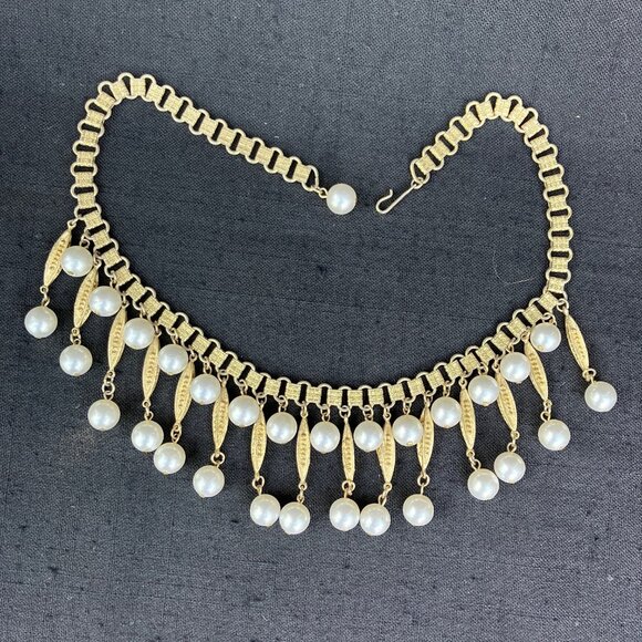 Coro Gold Tone Pearl Drop Waterfall Fringe Bib Necklace - signed - Picture 9 of 15